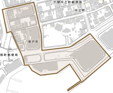 唐戸町とその周辺の地図。町の範囲を重ねている