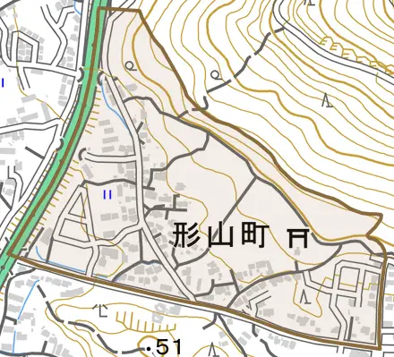 形山町とその周辺の地図。町の範囲を重ねている