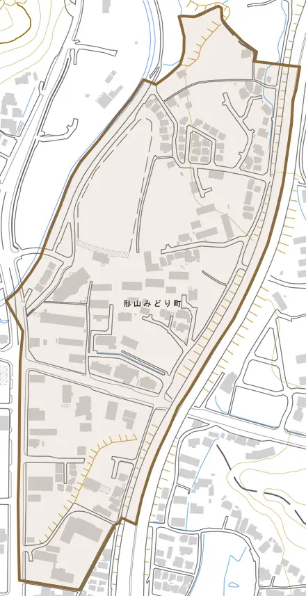 形山みどり町とその周辺の地図。町の範囲を重ねている