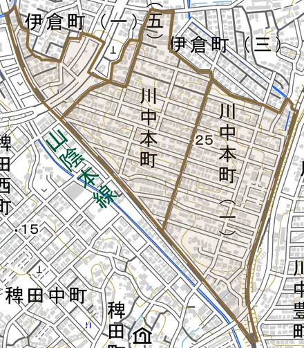 川中本町とその周辺の地図。町の範囲を重ねている