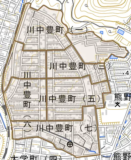 川中豊町とその周辺の地図。町の範囲を重ねている