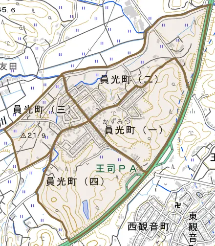 員光町とその周辺の地図。町の範囲を重ねている
