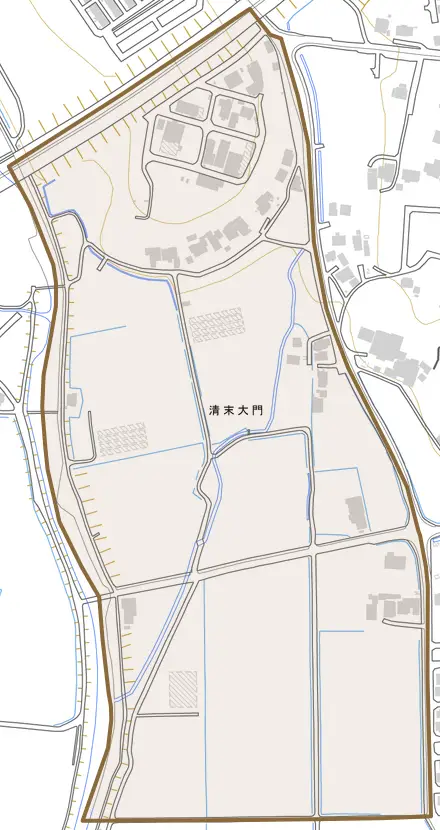 清末大門とその周辺の地図。町の範囲を重ねている