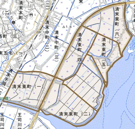 清末東町とその周辺の地図。町の範囲を重ねている