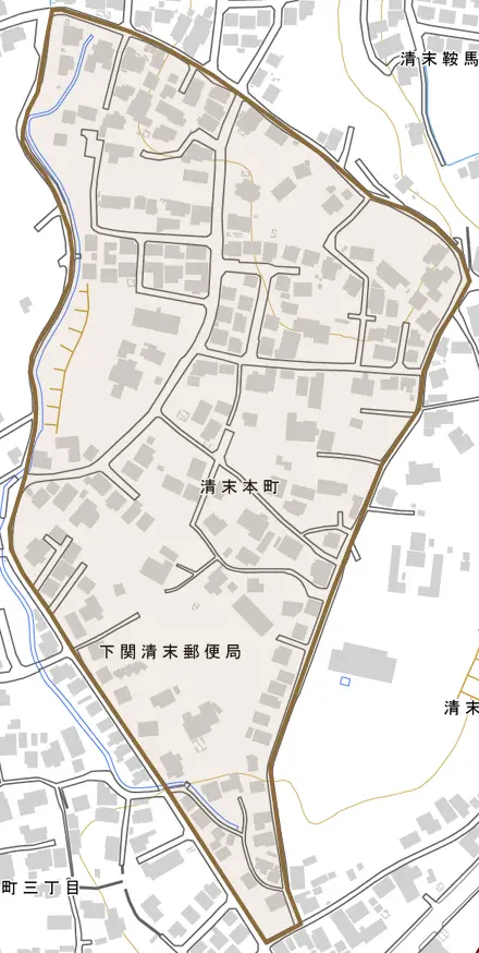 清末本町とその周辺の地図。町の範囲を重ねている
