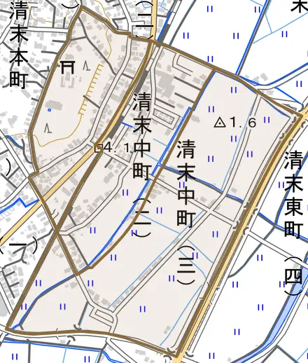 清末中町とその周辺の地図。町の範囲を重ねている
