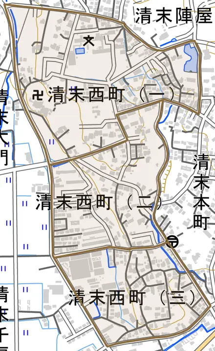 清末西町とその周辺の地図。町の範囲を重ねている