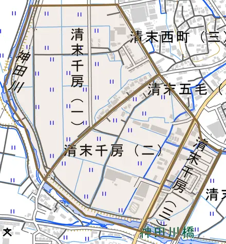 清末千房とその周辺の地図。町の範囲を重ねている