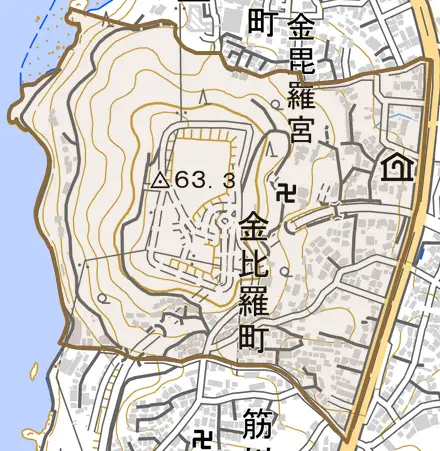金比羅町とその周辺の地図。町の範囲を重ねている