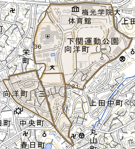 向洋町とその周辺の地図。町の範囲を重ねている