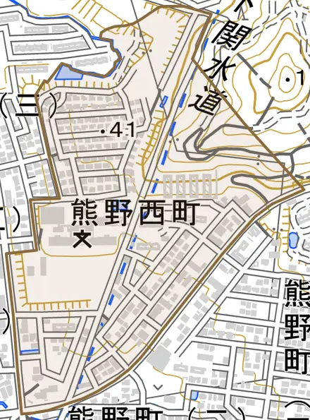 熊野西町とその周辺の地図。町の範囲を重ねている