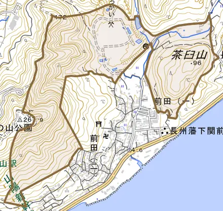 大字前田とその周辺の地図。町の範囲を重ねている