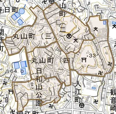丸山町とその周辺の地図。町の範囲を重ねている
