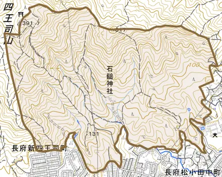 大字松小田とその周辺の地図。町の範囲を重ねている