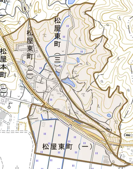 松屋東町とその周辺の地図。町の範囲を重ねている