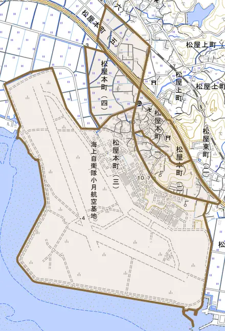 松屋本町とその周辺の地図。町の範囲を重ねている