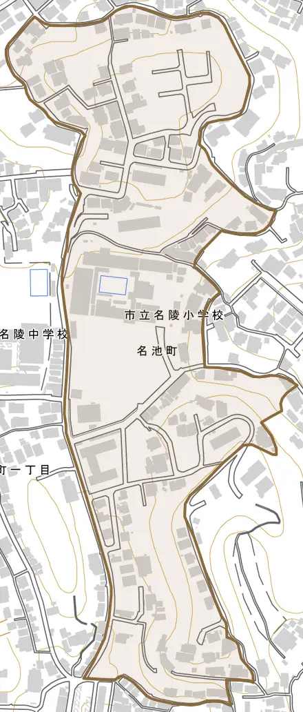 名池町とその周辺の地図。町の範囲を重ねている