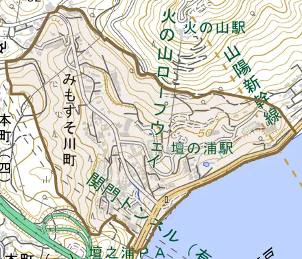 みもすそ川町とその周辺の地図。町の範囲を重ねている
