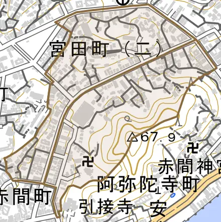 宮田町とその周辺の地図。町の範囲を重ねている