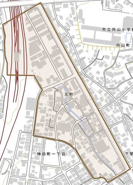 元町とその周辺の地図。町の範囲を重ねている