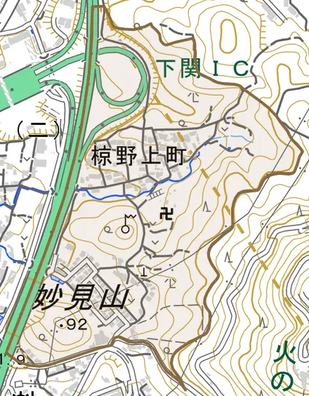 椋野上町とその周辺の地図。町の範囲を重ねている