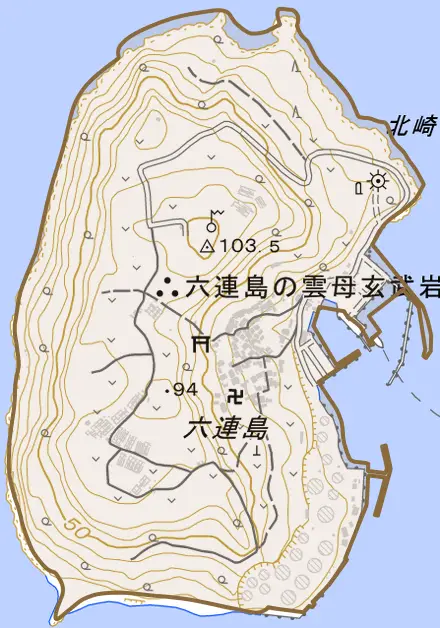 大字六連島とその周辺の地図。町の範囲を重ねている