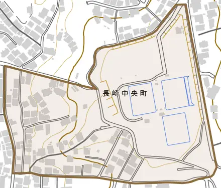 長崎中央町とその周辺の地図。町の範囲を重ねている