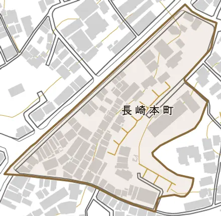 長崎本町とその周辺の地図。町の範囲を重ねている