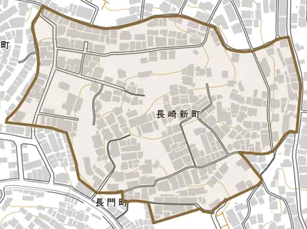 長崎新町とその周辺の地図。町の範囲を重ねている