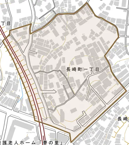 長崎町とその周辺の地図。町の範囲を重ねている