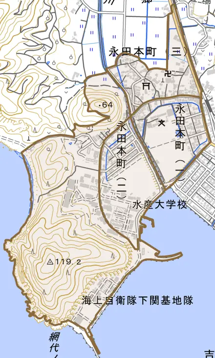 永田本町とその周辺の地図。町の範囲を重ねている