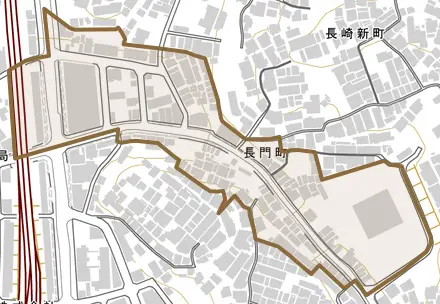 長門町とその周辺の地図。町の範囲を重ねている