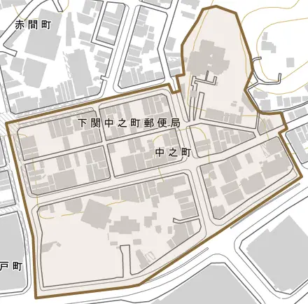 中之町とその周辺の地図。町の範囲を重ねている