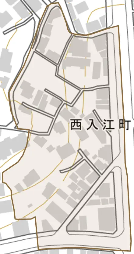 西入江町とその周辺の地図。町の範囲を重ねている