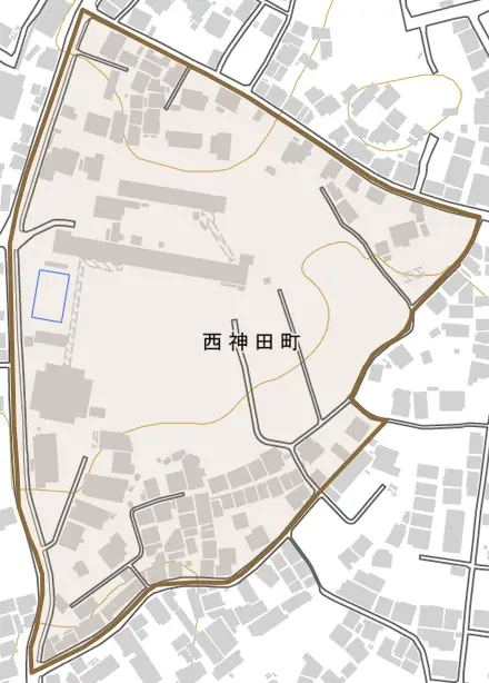 西神田町とその周辺の地図。町の範囲を重ねている