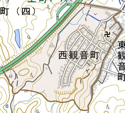 西観音町とその周辺の地図。町の範囲を重ねている