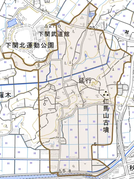 大字延行とその周辺の地図。町の範囲を重ねている