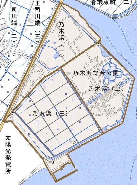 乃木浜とその周辺の地図。町の範囲を重ねている