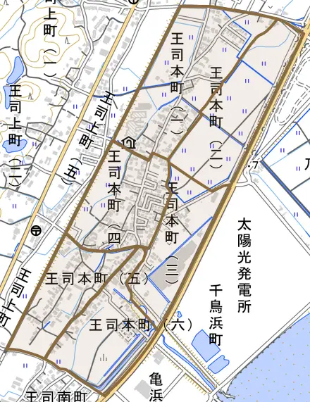 王司本町とその周辺の地図。町の範囲を重ねている