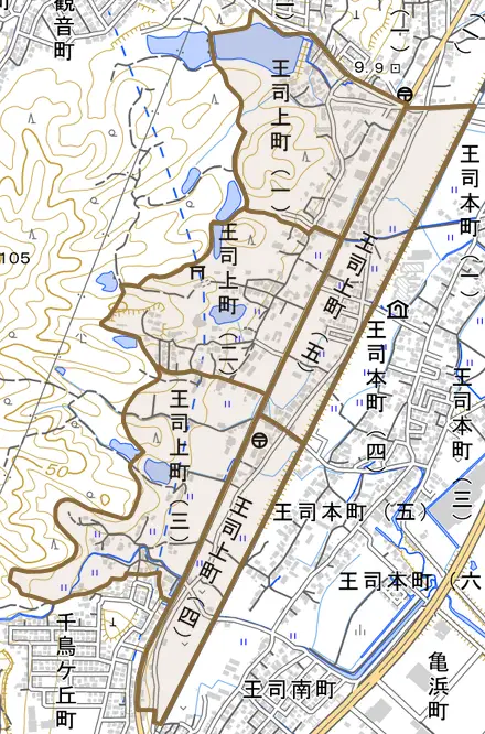 王司上町とその周辺の地図。町の範囲を重ねている