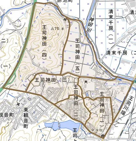 王司神田とその周辺の地図。町の範囲を重ねている