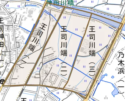 王司川端とその周辺の地図。町の範囲を重ねている