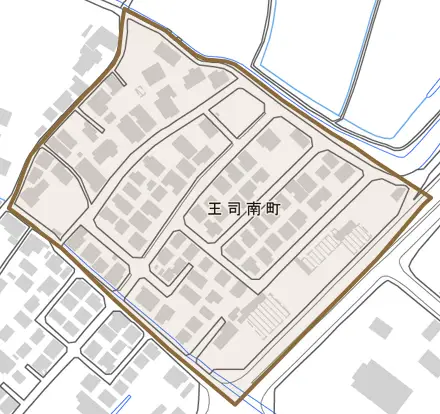 王司南町とその周辺の地図。町の範囲を重ねている