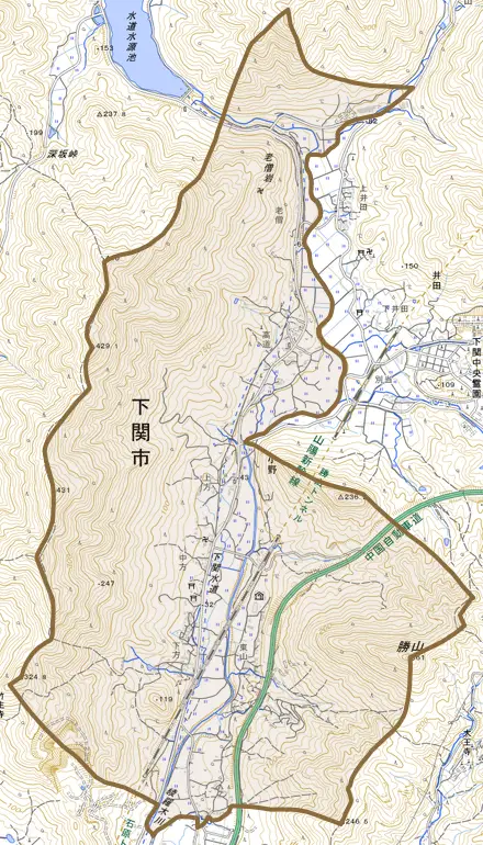 大字小野とその周辺の地図。町の範囲を重ねている