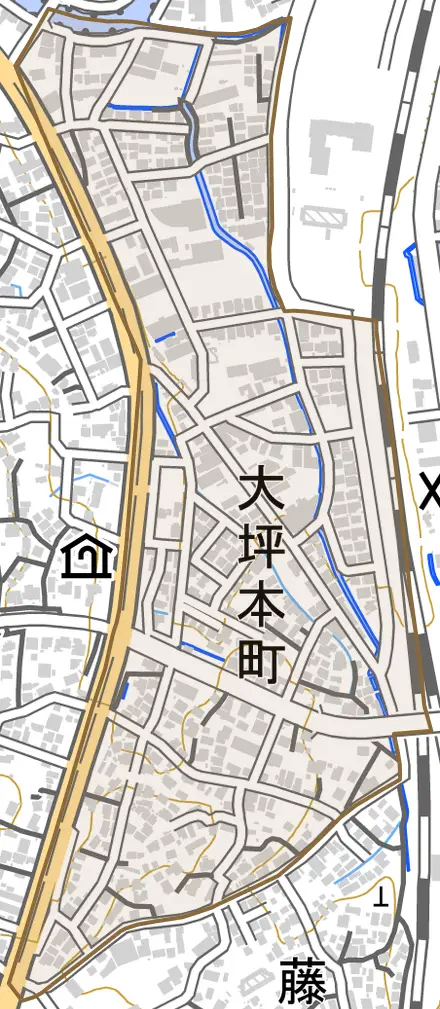大坪本町とその周辺の地図。町の範囲を重ねている