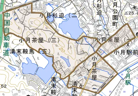 小月茶屋とその周辺の地図。町の範囲を重ねている