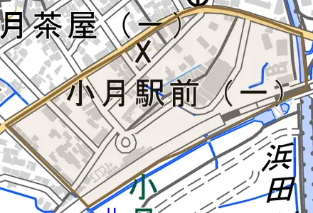 小月駅前とその周辺の地図。町の範囲を重ねている