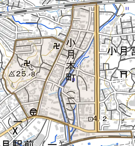 小月本町とその周辺の地図。町の範囲を重ねている