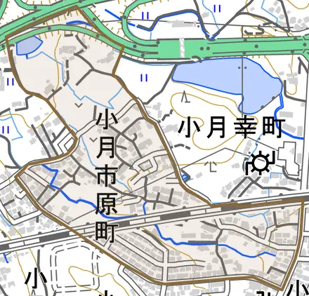 小月市原町とその周辺の地図。町の範囲を重ねている