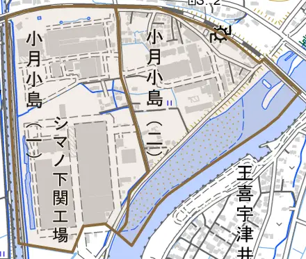 小月小島とその周辺の地図。町の範囲を重ねている